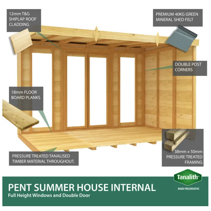 8ft x 18ft Pent Summer House (Full Height Window)