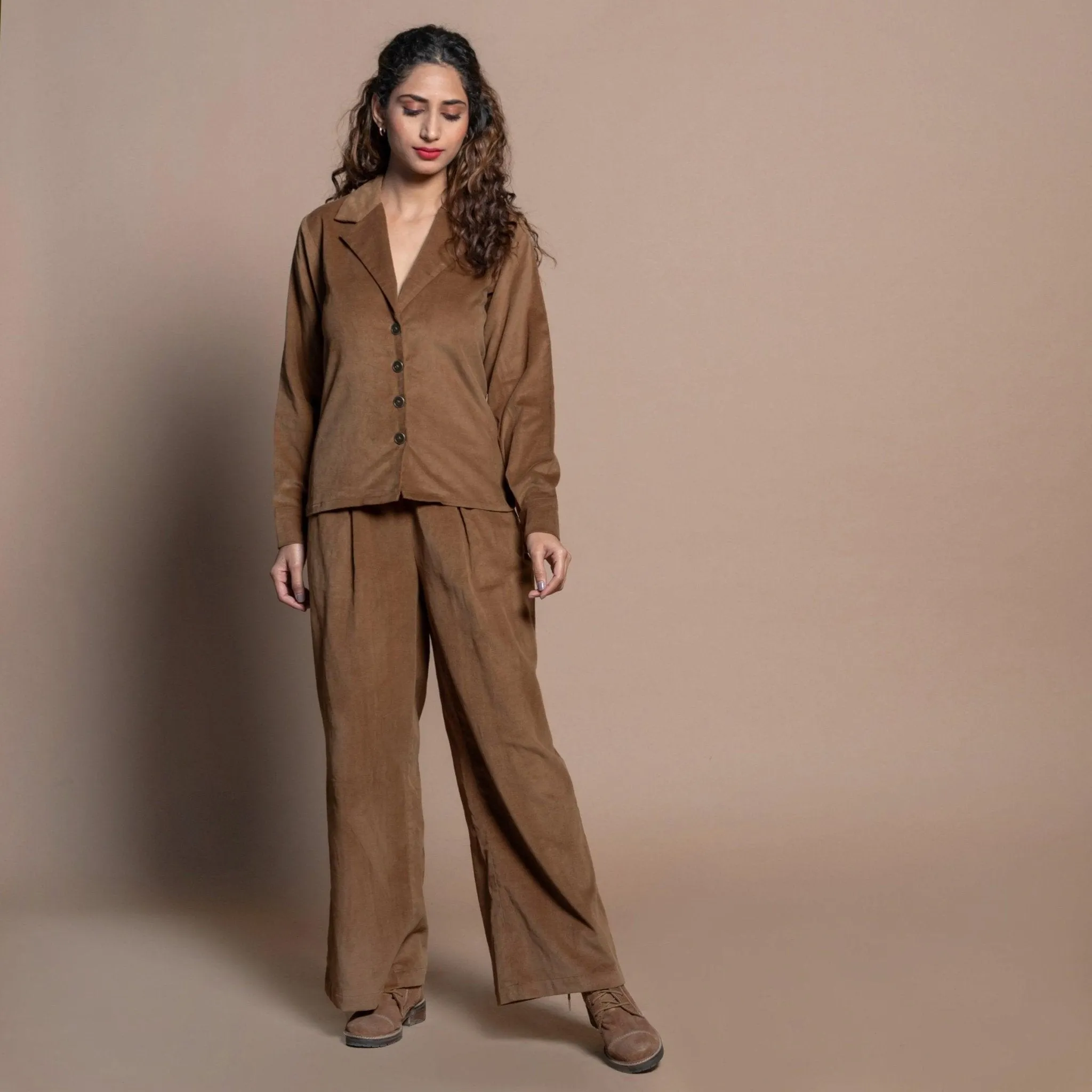 Camel Brown Cotton Velvet Notched Collar Button Down Shirt