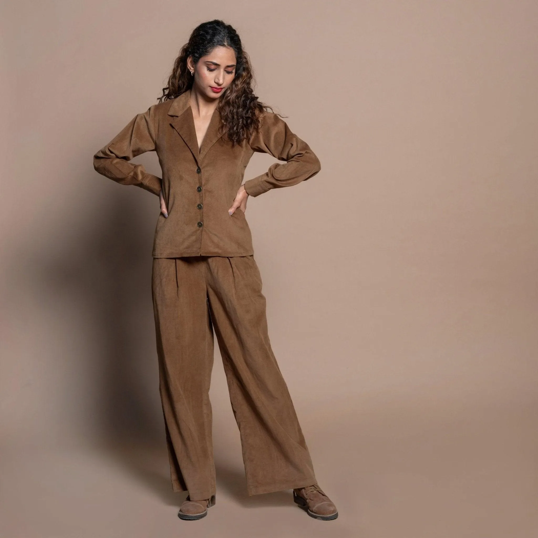Camel Brown Cotton Velvet Notched Collar Button Down Shirt