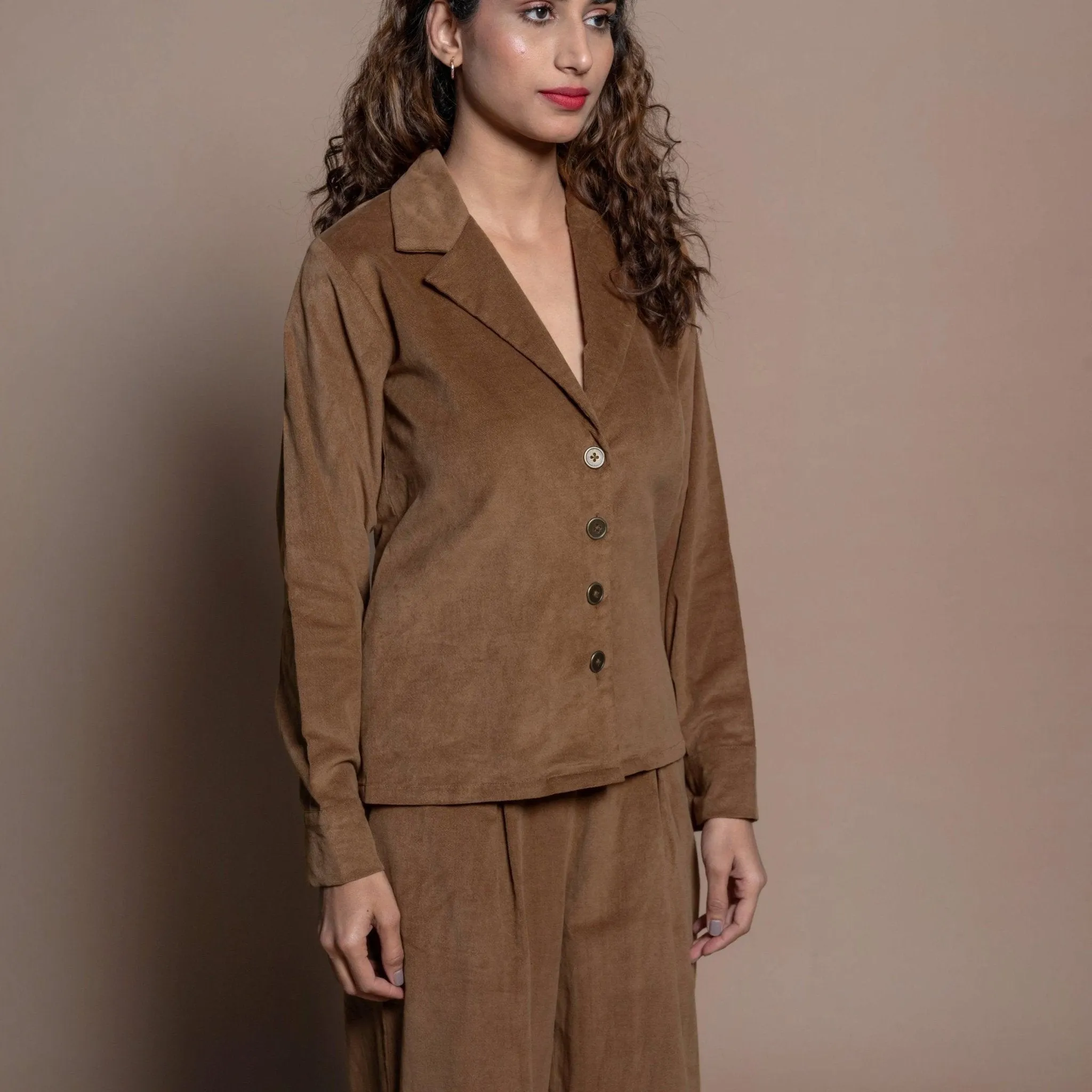 Camel Brown Cotton Velvet Notched Collar Button Down Shirt