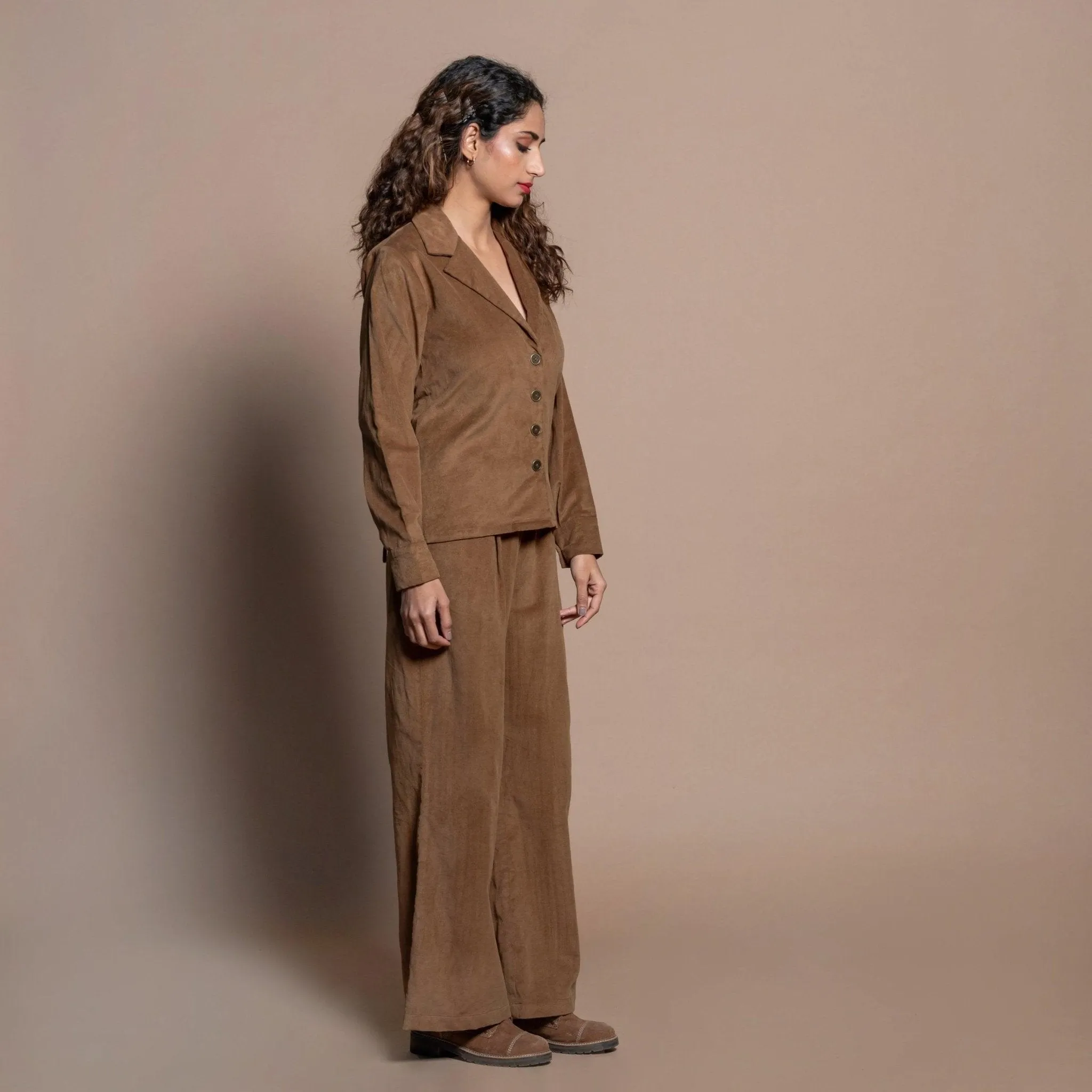 Camel Brown Cotton Velvet Notched Collar Button Down Shirt