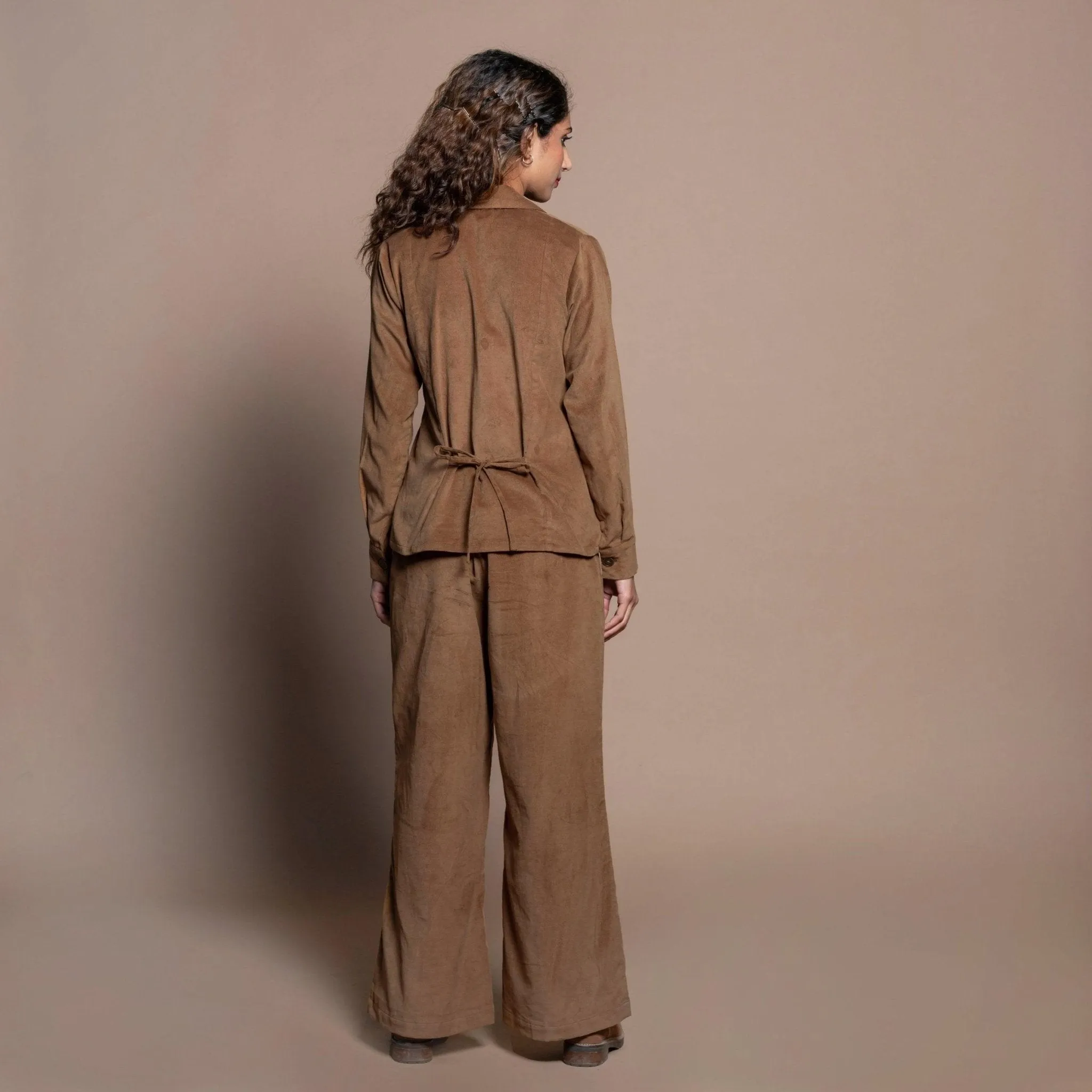 Camel Brown Cotton Velvet Notched Collar Button Down Shirt
